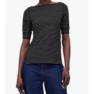 Madewell Womens T-Shirt Black White Size XS Striped Boatneck Side Slit Shirt